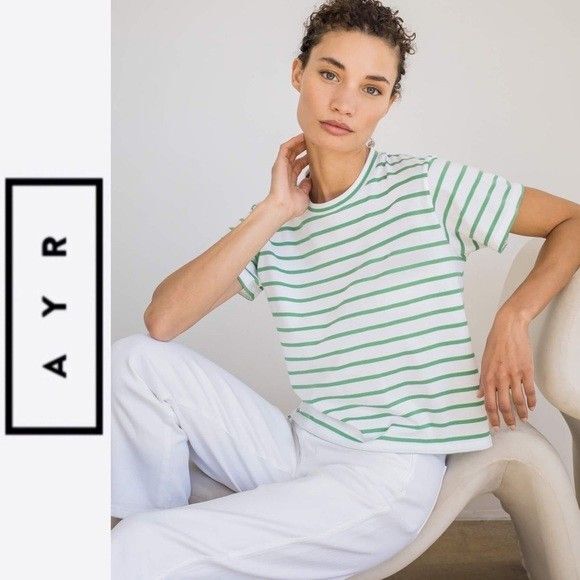 AYR The Sno Cone Tee Shirt Short Sleeve Top Size M Green Stripe Nautical Preppy - Picture 1 of 8